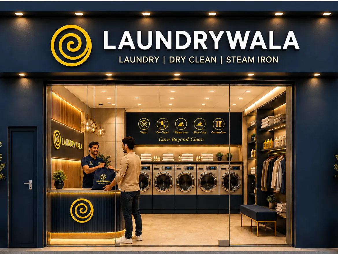 A Laundrywala store with a staff member handing a customer his cleaned clothes at the counter
