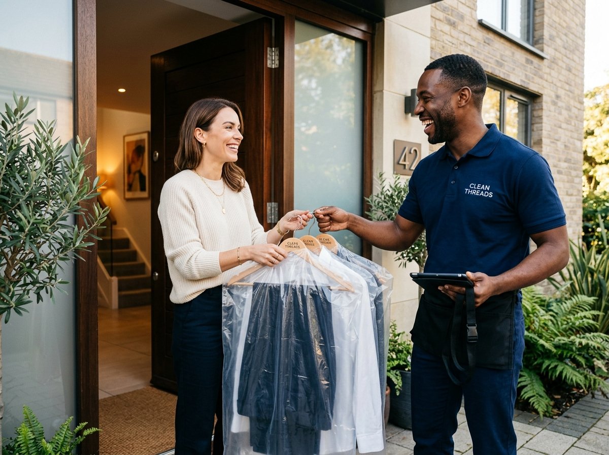 Laundrywala courier delivering freshly cleaned garments to customer doorstep