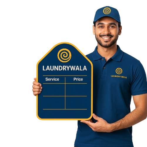 Laundrywala staff in blue uniform holding a service and price board for laundry and dry cleaning rates