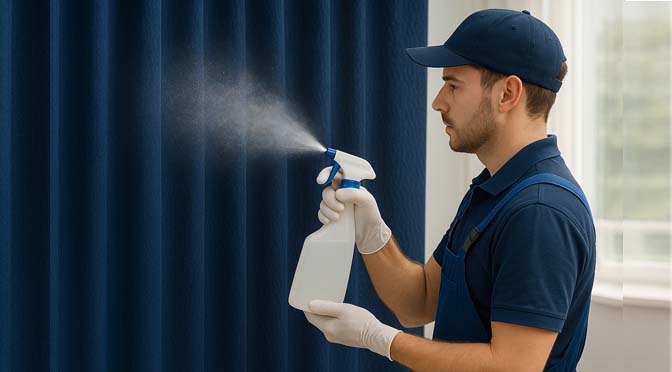 Laundrywala professional spraying disinfectant for antibacterial curtain cleaning Caption: Keep your curtains germ-free and fresh with Laundrywala’s antibacterial cleaning.