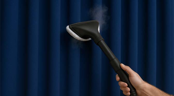 Laundrywala staff performing deep steam curtain cleaning on blue drapes using professional equipment