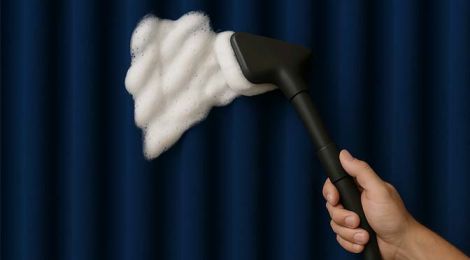 Laundrywala expert using foam-based curtain cleaning method on velvet drapes Caption: Gentle dry foam cleaning for delicate silk, velvet, and blackout curtains.